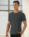 A model wearing a blue heather short-sleeve t-shirt with a relaxed fit, featuring a visible logo.