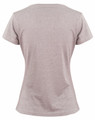 A grey heather women's short-sleeve T-shirt featuring a fitted design and a logo on the back.