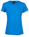 A bright blue women's cooldry stretch T-shirt with a fitted cut and short sleeves, featuring a logo on the label.