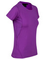 A purple ladies' t-shirt with a fitted design and side panel details. It features a logo on the tag.
