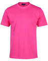A pink semi-fitted men's cotton T-shirt with a crew neck and short sleeves. It features a logo on the tag.