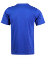 A blue kid's cotton semi-fitted tee with a plain back. Features a logo on the neckline.