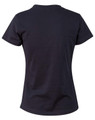 A black ladies' cotton semi-fitted t-shirt, featuring a simple design and short sleeves. It includes a logo on the back.