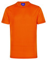 An orange short-sleeve performance tee with a round neckline and a logo on the label.