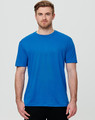 Blue men's short-sleeve performance t-shirt, featuring a relaxed fit and a logo on it.