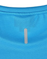 A blue short-sleeved performance t-shirt featuring a rectangular tab on the back and textured fabric.