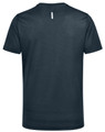 A men's short-sleeve performance tee in navy blue, featuring a logo on the back. Lightweight design suitable for activewear.
