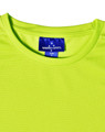 A bright lime green short-sleeve t-shirt with a tag featuring a logo.
