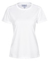 A white short-sleeve women's performance t-shirt featuring a simple design and a logo.