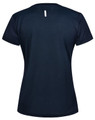 A navy blue ladies' short sleeve performance T-shirt featuring a subtle back detail and a logo.