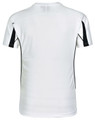 A white men's T-shirt with black accent stripes on the sides and a logo on the back.