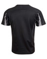 A black short-sleeve T-shirt with grey detailing and a logo on the back. Suitable for casual wear.