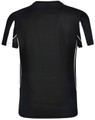 A black short-sleeve T-shirt with white accents and a logo on the back.