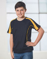 A black and yellow short-sleeved T-shirt featuring a logo, modelled by a smiling boy in front of a bright window.