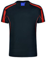 A black short-sleeve T-shirt with red accents and a logo on the neckline. 