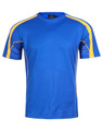 A blue short-sleeved T-shirt with yellow accents and a logo on the upper left.