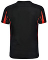 A black short-sleeved T-shirt with red accents and a logo on the back.