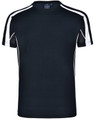 A black T-shirt with white detailing and mesh panels on the shoulders. It features a logo on the neckline.