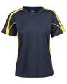 A ladies' black and yellow short-sleeve T-shirt with a logo, featuring a sporty design and contrasting side panels.