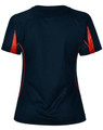 A navy blue ladies' T-shirt with red accents on the sides and back. The shirt has a logo.