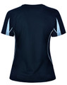 A ladies' short-sleeve T-shirt in navy with light blue detailing and a logo.