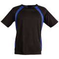 A black men's t-shirt featuring blue accents and a logo, with short sleeves and a round neckline.