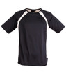 A men's short-sleeve tee shirt in navy with cream side panels. Features a logo on the collar.