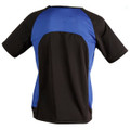 A black and blue men's t-shirt with a sporty design and a logo on the back.