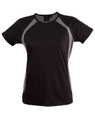 A black ladies' T-shirt with mesh detailing on the sides, featuring a logo on the neckline.