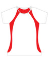 A ladies' tee shirt featuring short sleeves with a red and white design and a logo on the front.