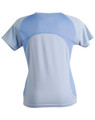 A light blue ladies' tee shirt featuring a mesh back and a logo. The design is sporty and fitted.