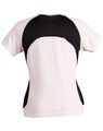 A ladies' tee shirt featuring a black and white design, with a fitted style and short sleeves. Includes a logo.