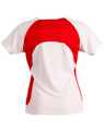 A red and white ladies' t-shirt featuring a sporty design and a logo on the back.