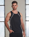 A men's sprint singlet in black with grey detailing, featuring a fitted design and a logo on the front.