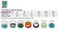A data table detailing sizes and measurements for a Men's Sprint Singlet, featuring a fabric description and icons for its properties.