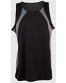 A black men's sprint singlet with grey mesh panels and a logo. Features a sleeveless design for active wear.
