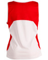 A red and white ladies' sprint singlet featuring a mesh design and a logo on the back.
