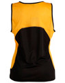 A yellow and black ladies' sprint singlet featuring a mesh design and a logo on the back.