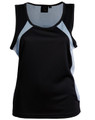 A black and light blue ladies' singlet featuring a lightweight design and athletic cut, with a logo on the label.