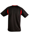 A black and red kid's soccer jersey featuring short sleeves and a back design. Includes a logo.
