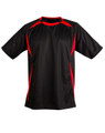 A black and red kid's soccer jersey with short sleeves and a logo on the front.