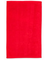 A red golf towel measuring 38 x 65 cm, with a plain design and a logo at one corner.