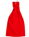 A red golf towel with an eyelet hook, measuring 38 x 65 cm, featuring a plain design and a metal eyelet.