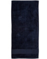 A dark navy terry velour beach towel measuring 75x150 cm, featuring a simple design and a branded logo.