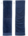 A dark navy terry velour fitness towel, measuring 110x30 cm, featuring two sides with a subtle sheen and a logo.