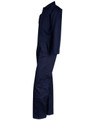 A navy blue men's cotton drill coverall with long sleeves and pockets. Features a plain design and has a logo.