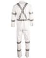 A white coverall with grey reflective stripes, featuring a logo and designed for night safety.