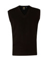 A dark green v-neck wool and acrylic knit vest with no sleeves and a ribbed hem, featuring a logo label inside.