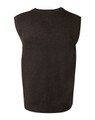 A dark brown v-neck wool and acrylic knit vest featuring a sleeveless design and ribbed hem.