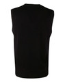 A black V neck wool and acrylic knit vest, featuring a sleeveless design and ribbed bottom hem.